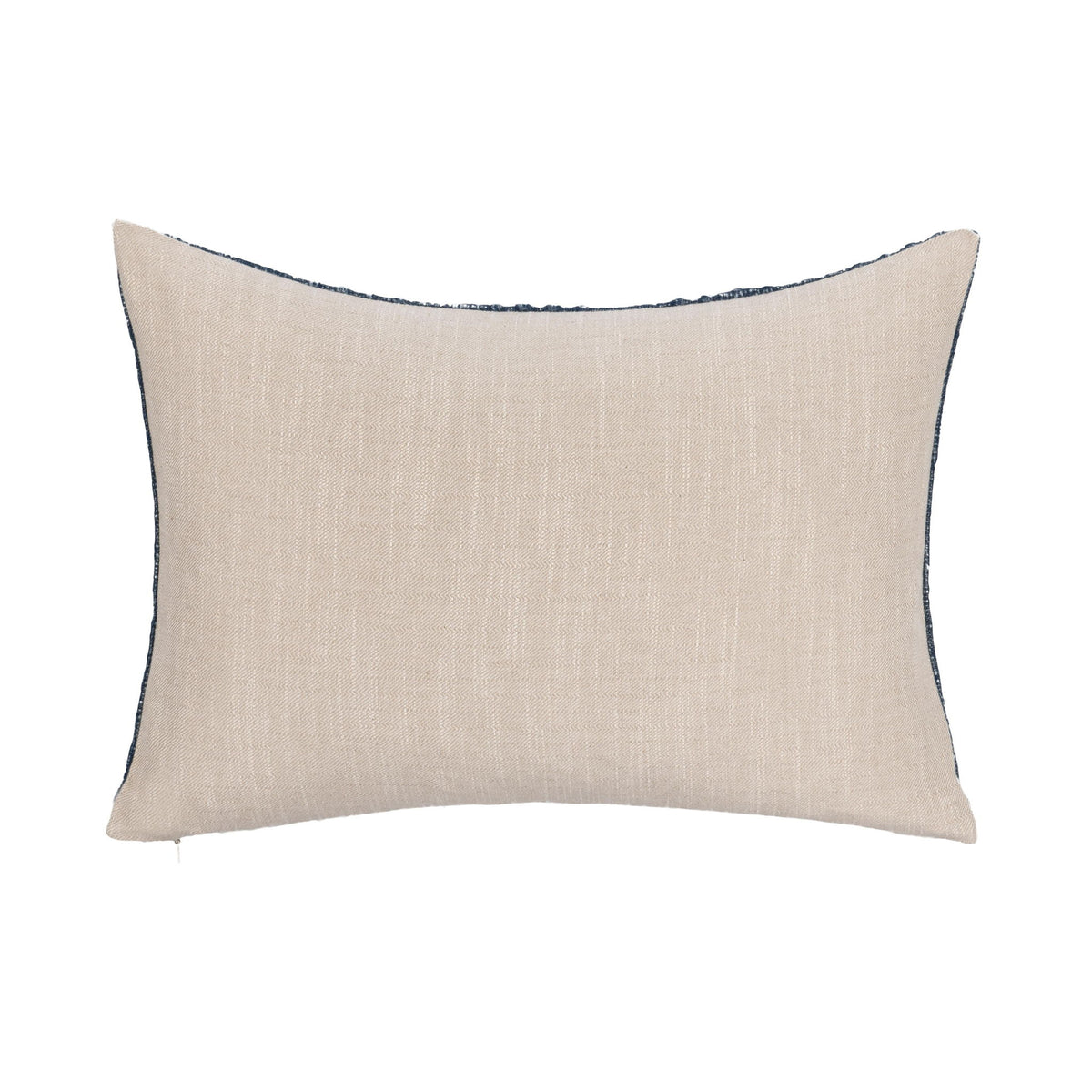Natural beige rectangular throw pillow with dark blue piped edge and solid front