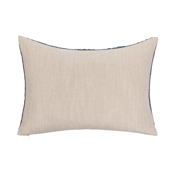 Natural beige rectangular throw pillow with dark blue piped edge and solid front