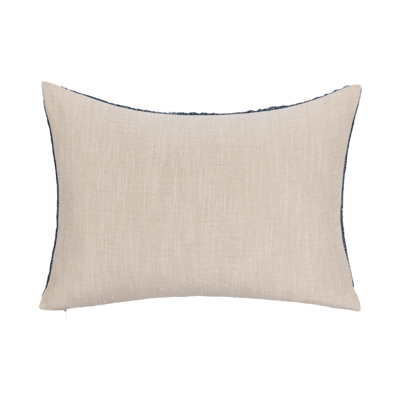 Natural beige rectangular throw pillow with dark blue piped edge and solid front