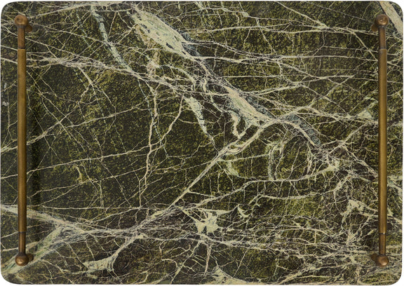Green marble serving tray with brass corner handles and veined stone pattern.