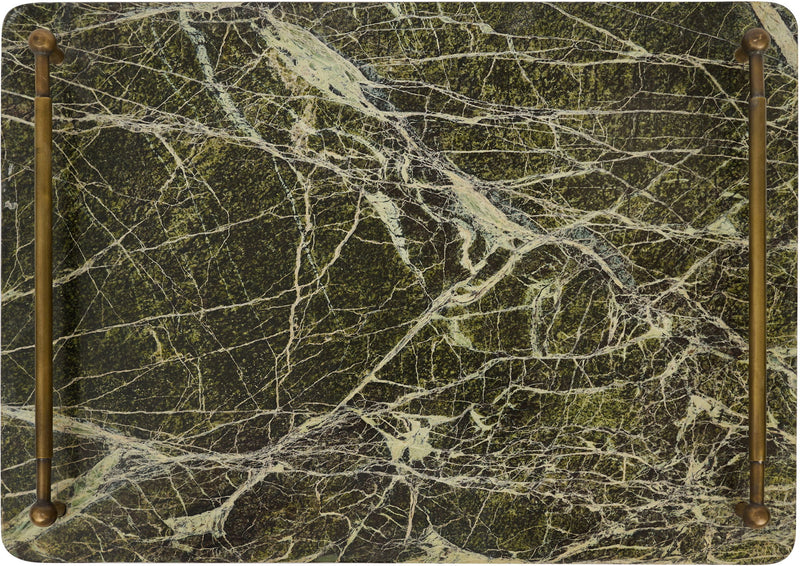 Green marble serving tray with brass corner handles and veined stone pattern.