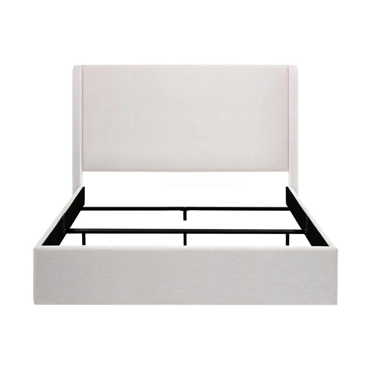 Ivory upholstered king bed with a high wingback headboard and exposed metal frame