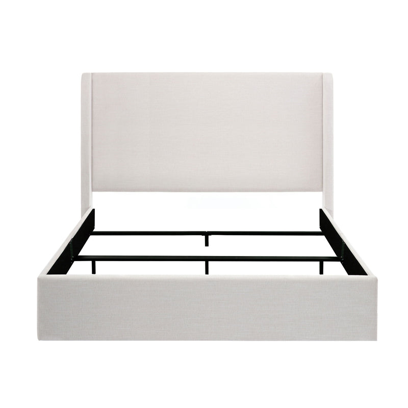 Ivory upholstered king bed with a high wingback headboard and exposed metal frame