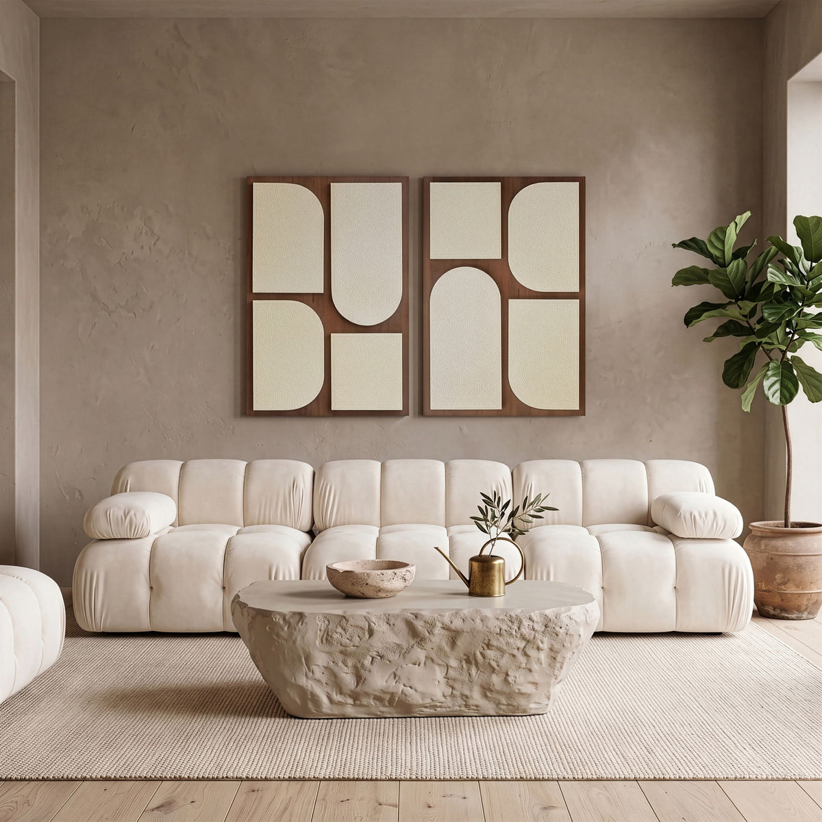 Mango wood 2-piece wall art set with dark wood frames and off-white abstract geometric shapes