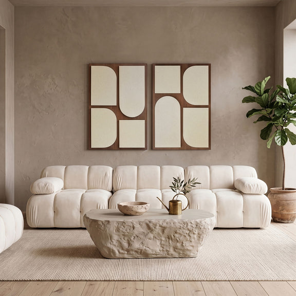 Mango wood 2-piece wall art set with dark wood frames and off-white abstract geometric shapes