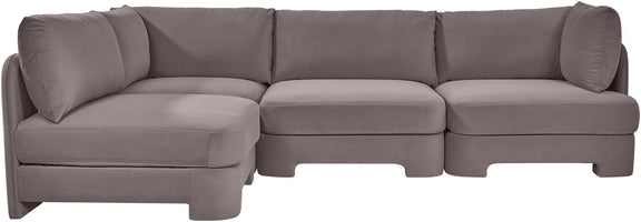 Gray velvet performance armless sectional sofa with three seat cushions
