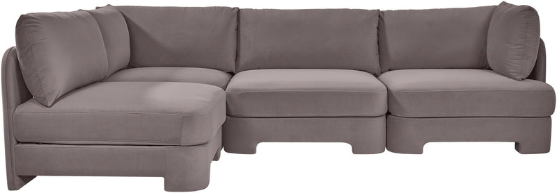 Gray velvet performance armless sectional sofa with three seat cushions