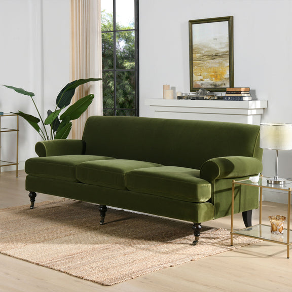 Three-cushion tightback sofa, dark green fabric, rolled arms, low profile