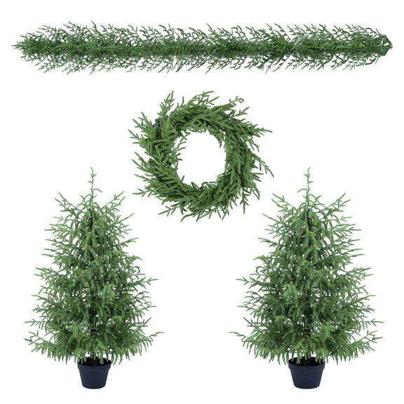 Green artificial Christmas set with two potted trees, a wreath, and a garland