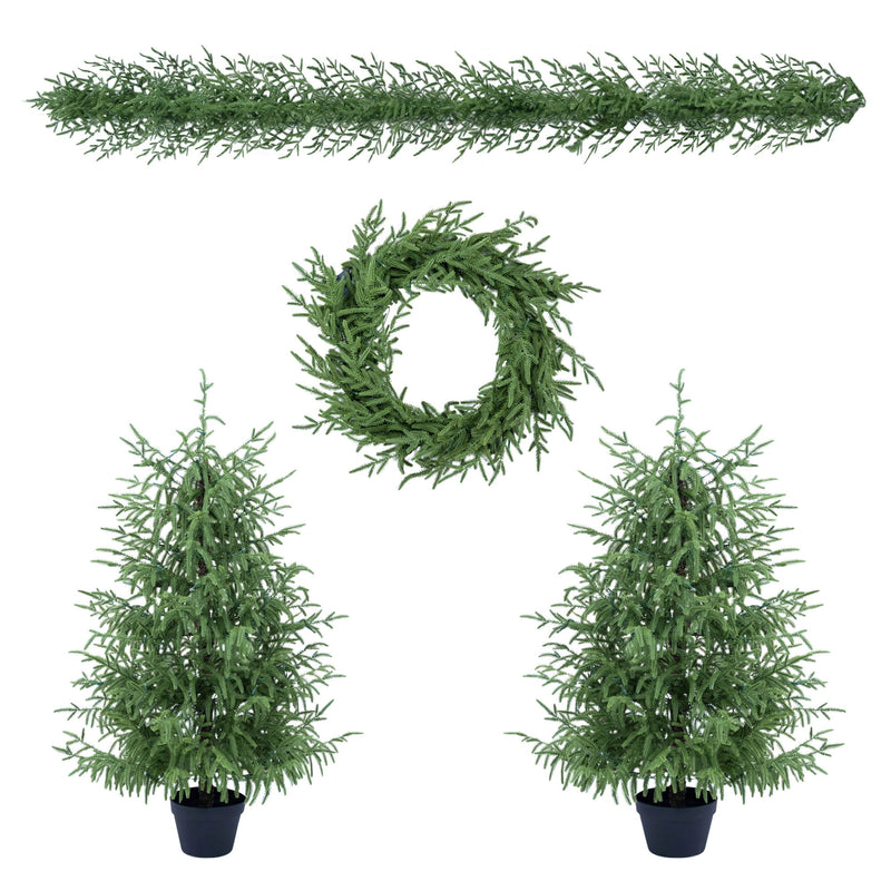 Green artificial Christmas set with two potted trees, a wreath, and a garland