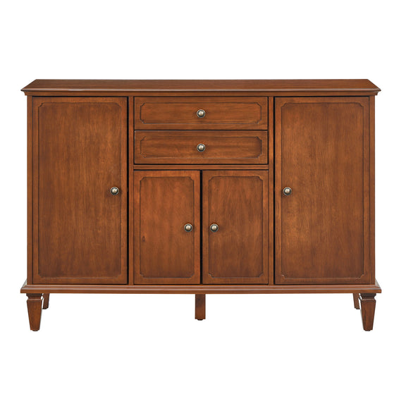Dark brown sideboard buffet cabinet with four paneled doors, two drawers and tapered legs