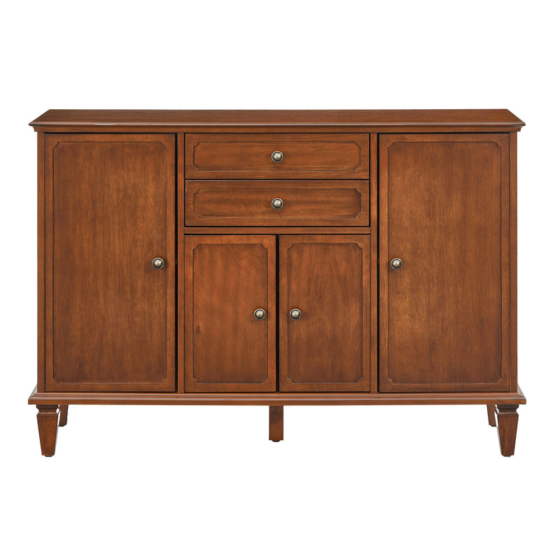 Dark brown sideboard buffet cabinet with four paneled doors, two drawers and tapered legs