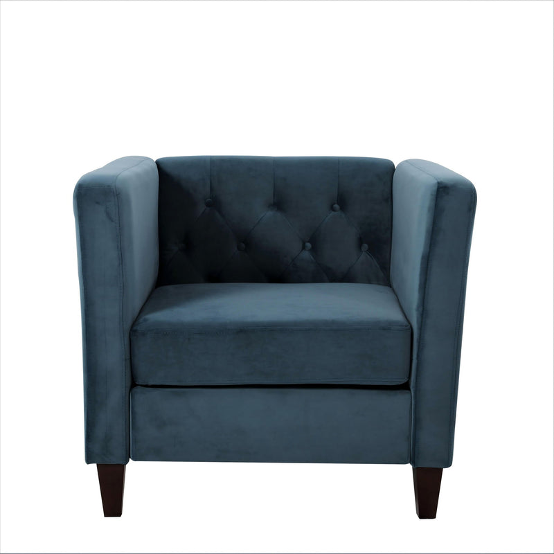 Blue upholstered accent chair with tufted back, square arms, and dark wooden legs.