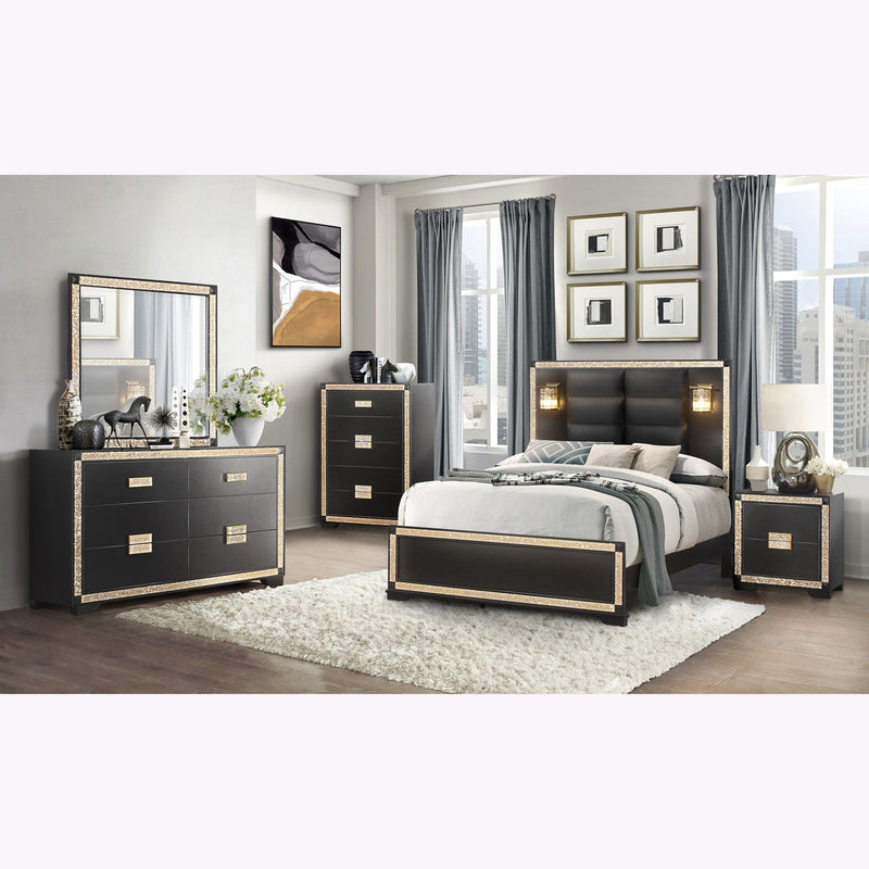 Black nightstands with gold glitter trim and rectangular drawer pulls