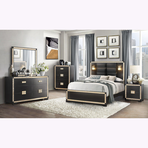 Black upholstered bed with two wall-mounted lamps and matching footboard