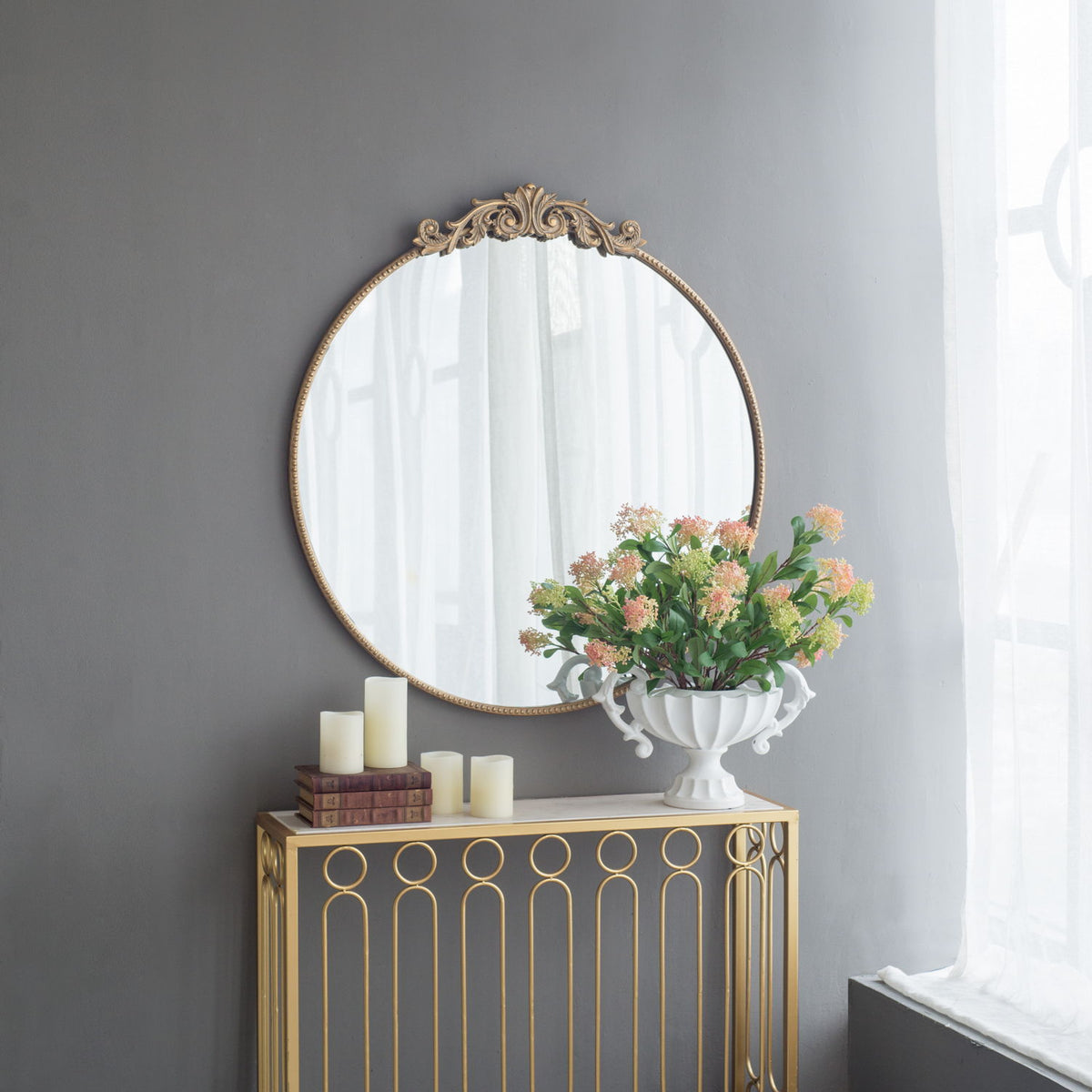 Classic Design Mirror With Baroque Inspired Frame For Bathroom, Entryway Console Lean Against Wall
