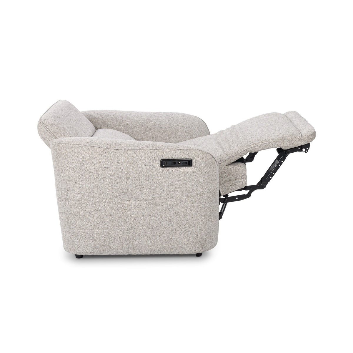 Gray power recliner chair with extended footrest and side control panel