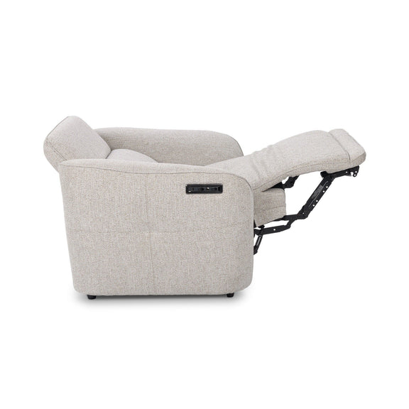 Gray power recliner chair with extended footrest and side control panel