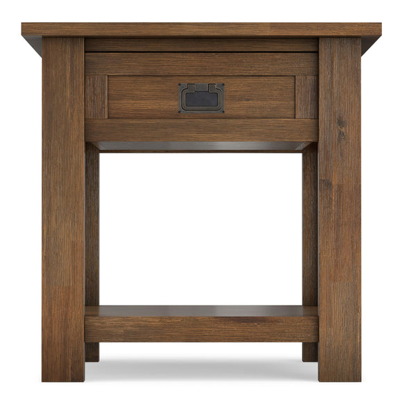 Monroe handcrafted side table, brown wood end view with drawer and open lower shelf