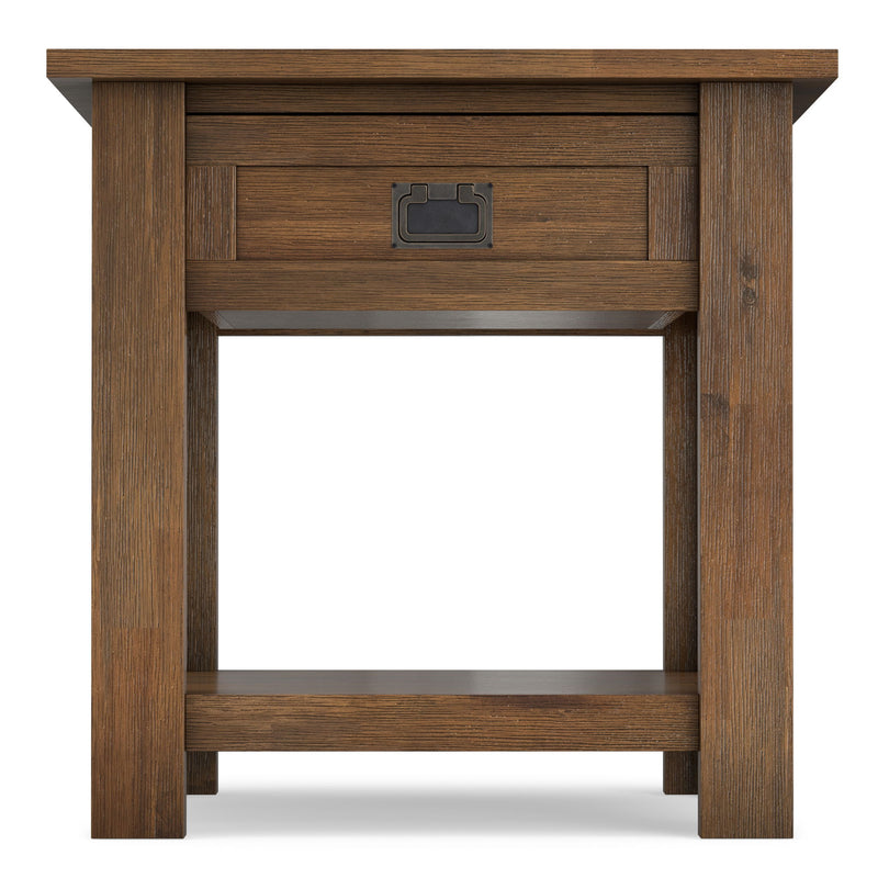 Monroe handcrafted side table, brown wood end view with drawer and open lower shelf