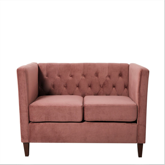 Pink button-tufted 2-seater loveseat with square arms and two-piece seat