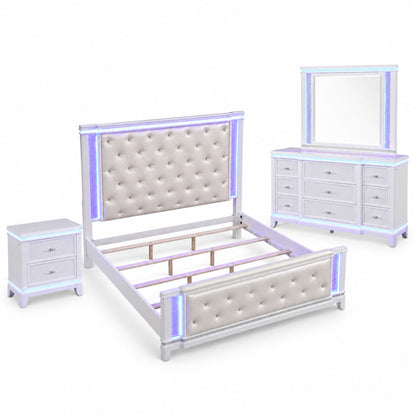 White bedroom set with tufted headboard, bed frame, nightstand and dresser with mirror.