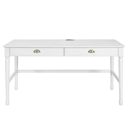White writing desk with two drawers and brass-tone round pulls