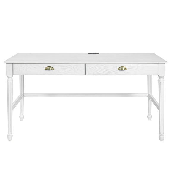 White writing desk with two drawers and brass-tone round pulls