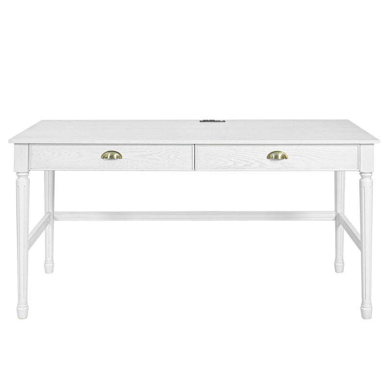 White writing desk with two drawers and brass-tone round pulls