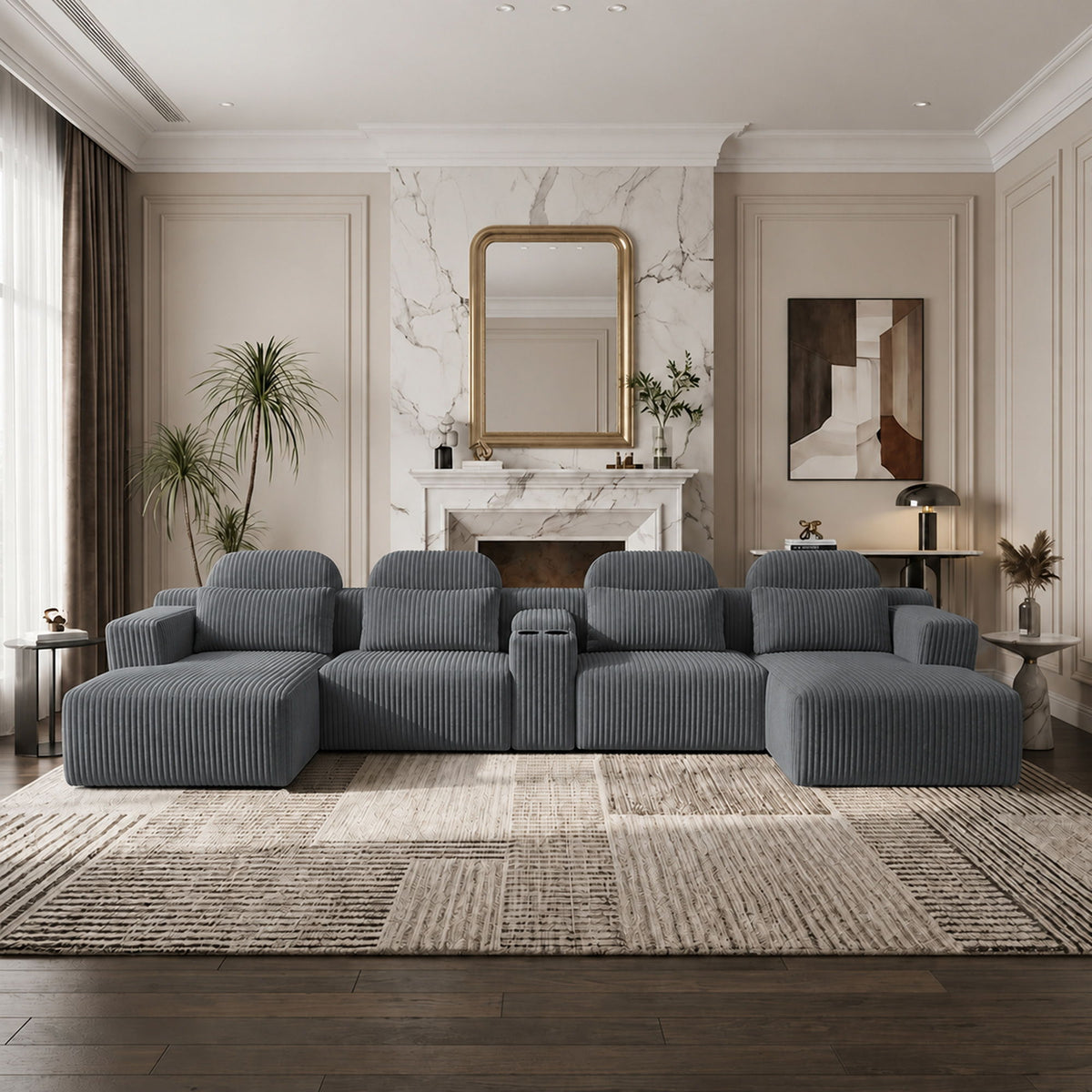 U-Shaped Sectional Sofa With Chaise Lounge And Cup Holders