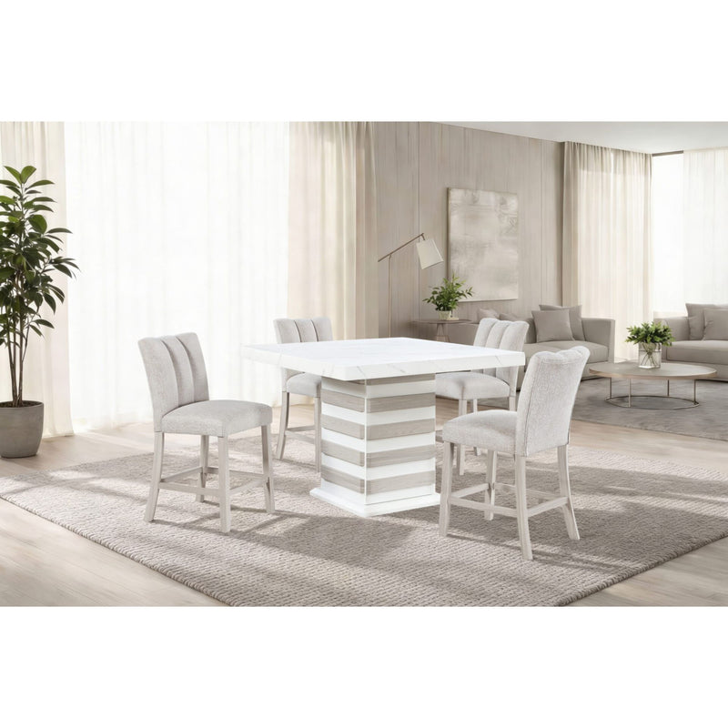 Donna white bar table with marble-look top in dining setting