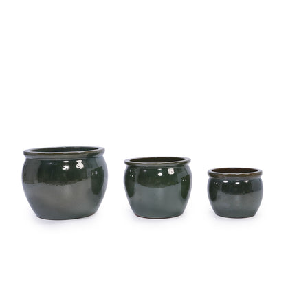 Set of 3 glossy dark green ceramic flowerpots, rounded bowls with wide rims