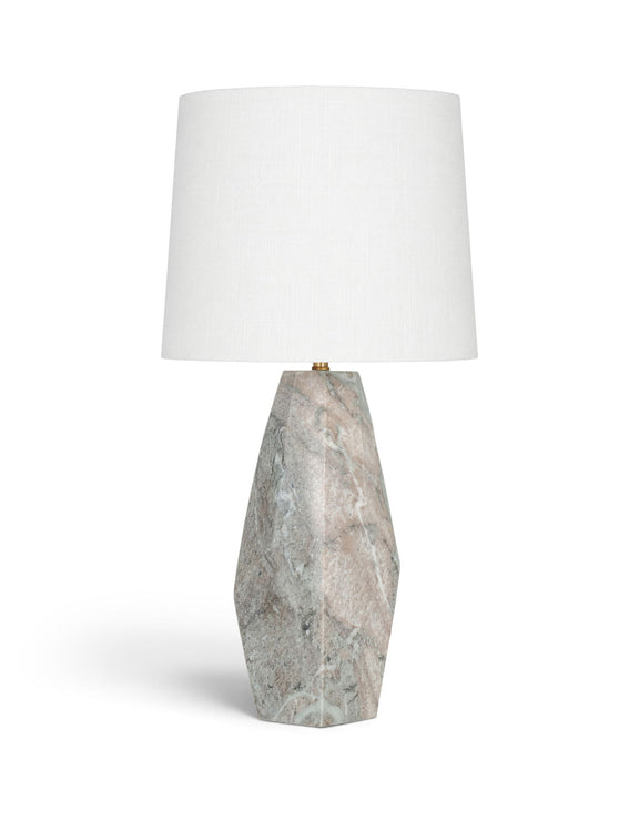 Marble table lamp with white fabric shade and gray stone base