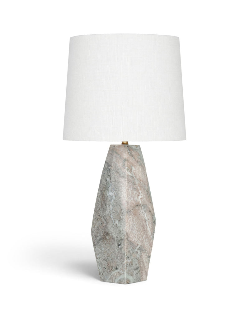 Marble table lamp with white fabric shade and gray stone base