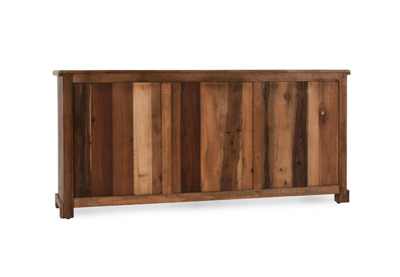 Natural wood 4-door side view cabinet with wide top rail and flat panel doors.