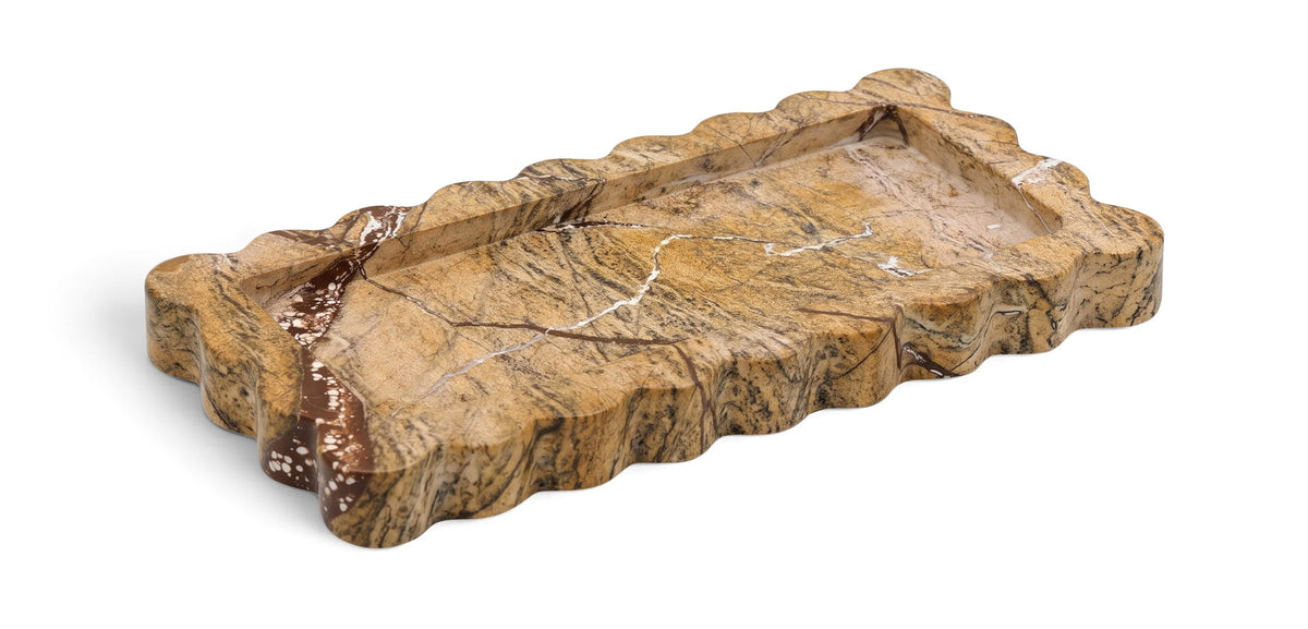 Brown genuine marble tray with natural live-edge and swirling veining