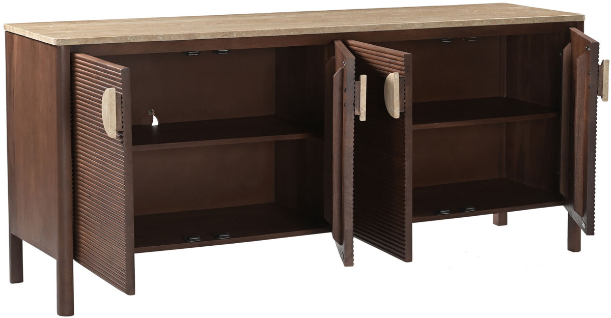 Acacia wood sideboard with hinged doors open to show interior shelves