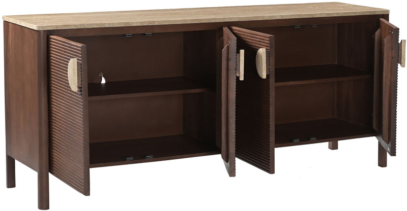 Acacia wood sideboard with hinged doors open to show interior shelves