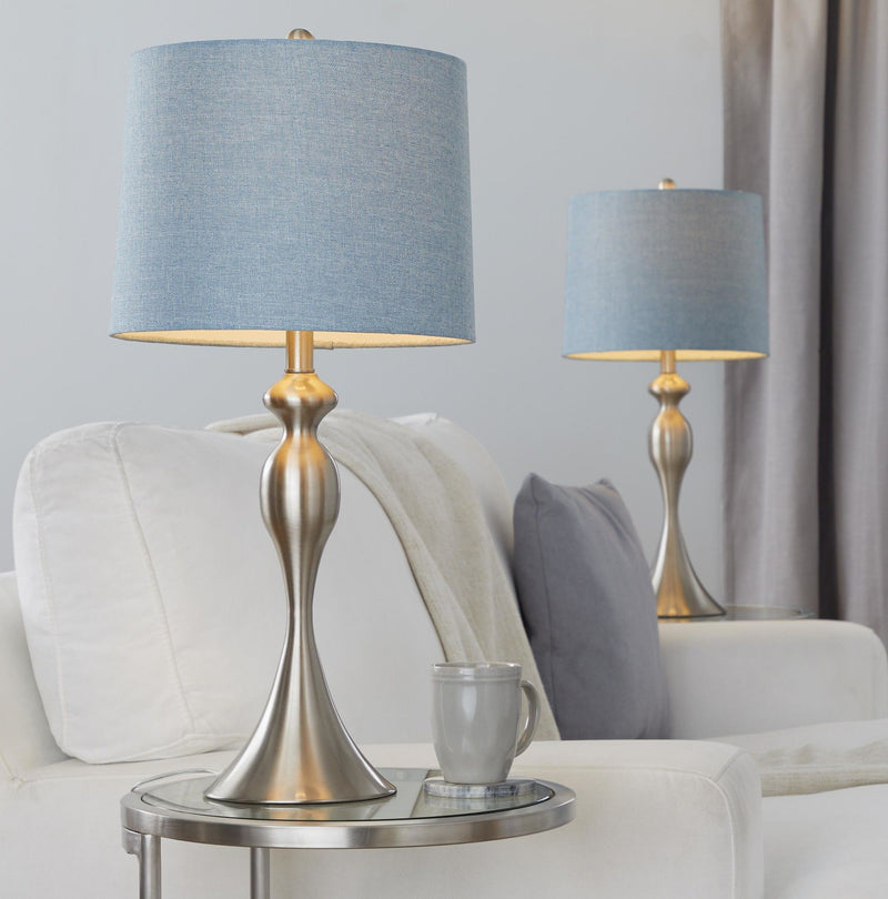Table lamp set of 2 with blue fabric shades and brushed metal bases, on round table tray