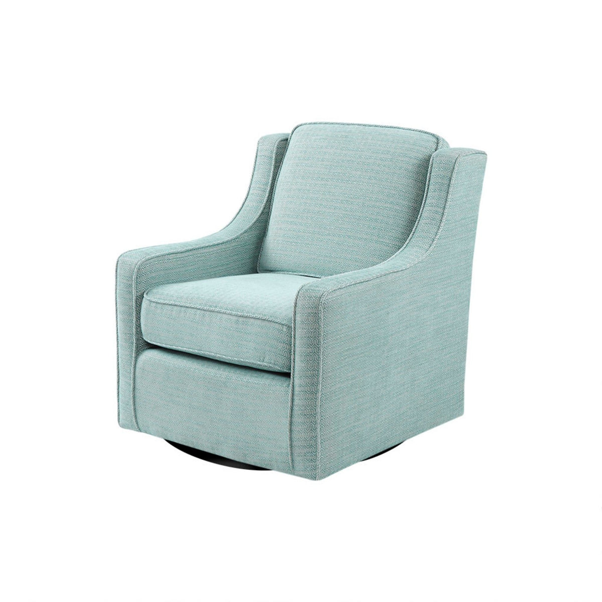 Light blue upholstered swivel accent chair with wide arms and curved seat back