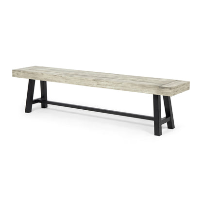 Gray dining bench with slatted wood top and dark metal legs, rectangular bench
