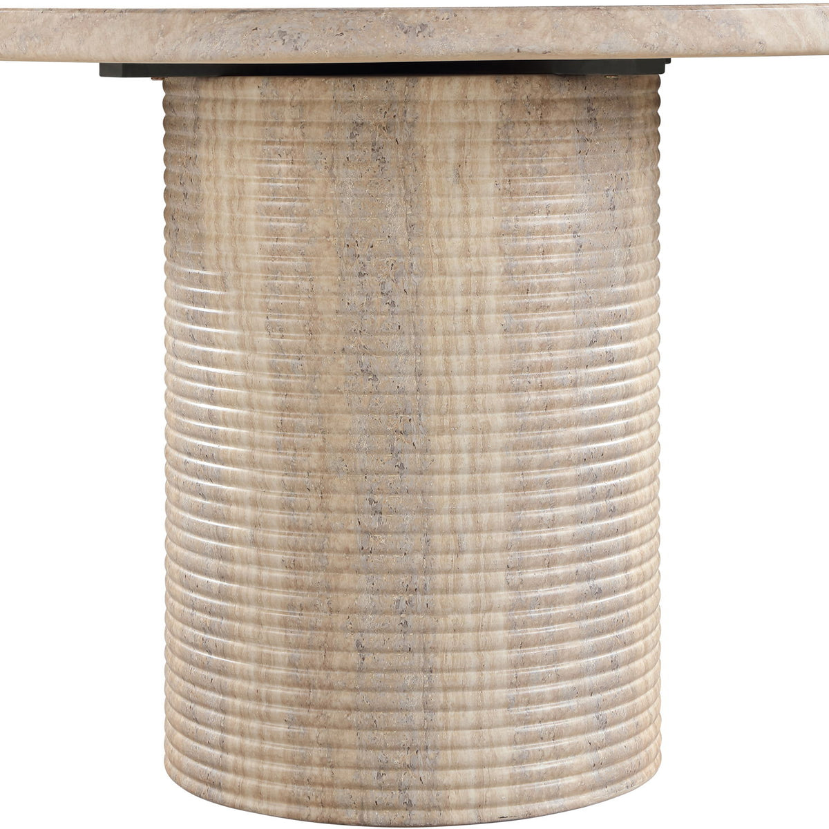 Travertine-style dining table with ribbed cylindrical pedestal base and round top