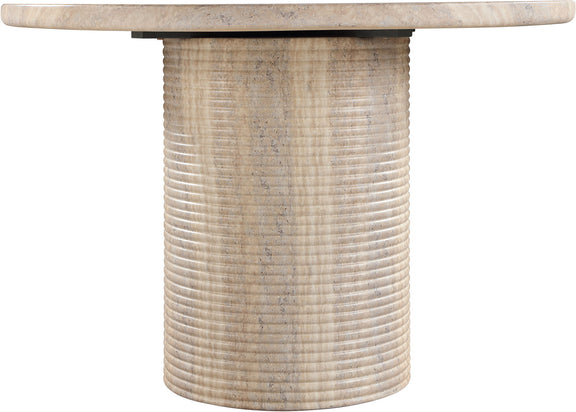 Travertine-style dining table with ribbed cylindrical pedestal base and round top