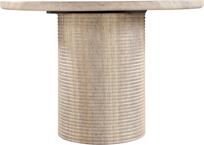 Travertine-style dining table with ribbed cylindrical pedestal base and round top