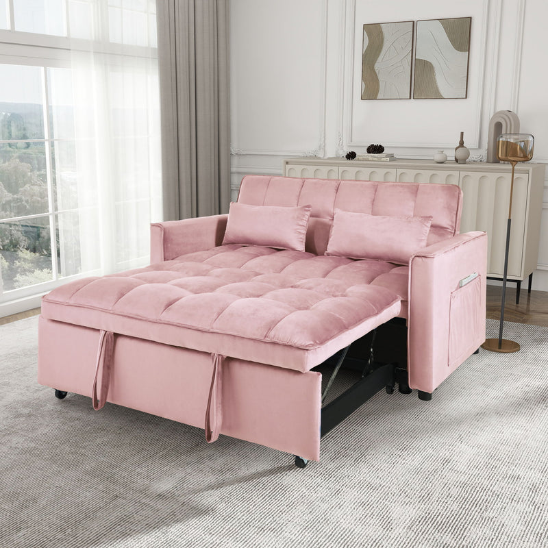 Convertible sofa bed with tufted cushions and armrests, blush pink fabric