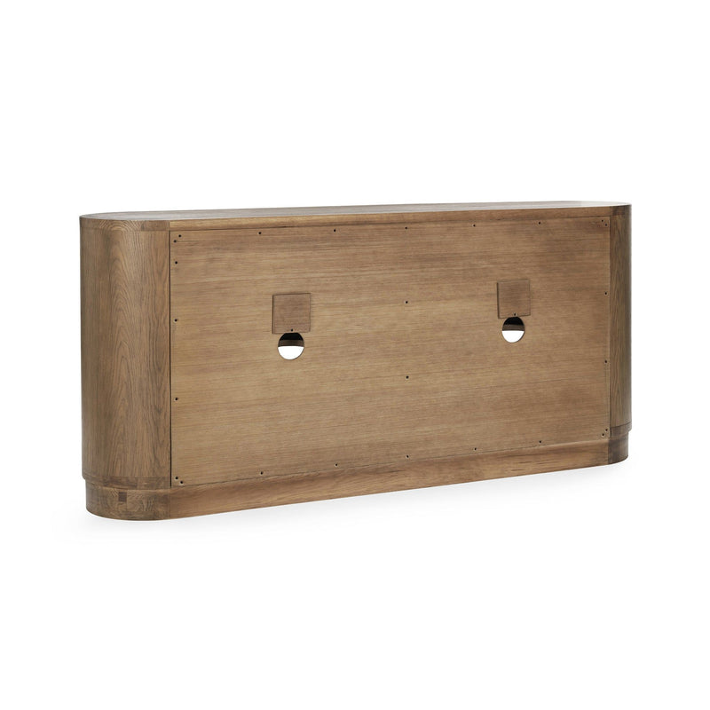 Wood buffet back panel with two circular cutouts and mounting hardware