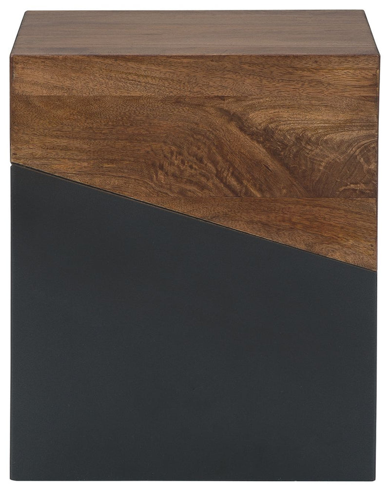 Brown wood tabletop and side panels with dark gunmetal gray front base.