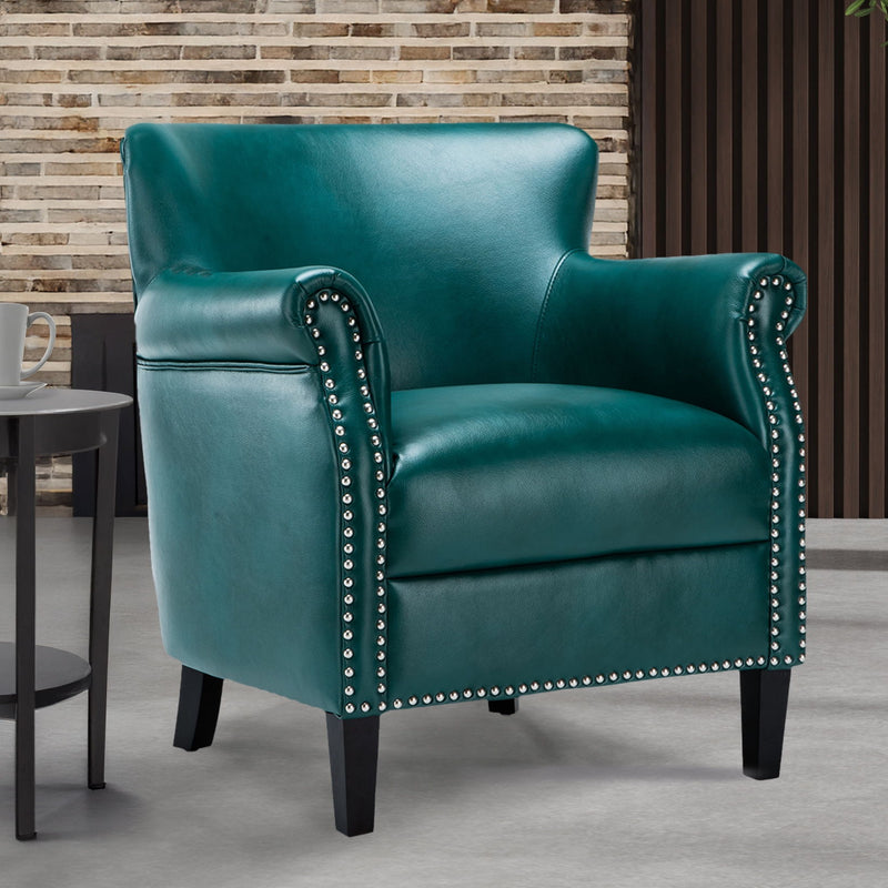 Hadley teal club chair with nailhead trim, rounded arms, cushioned seat and backrest