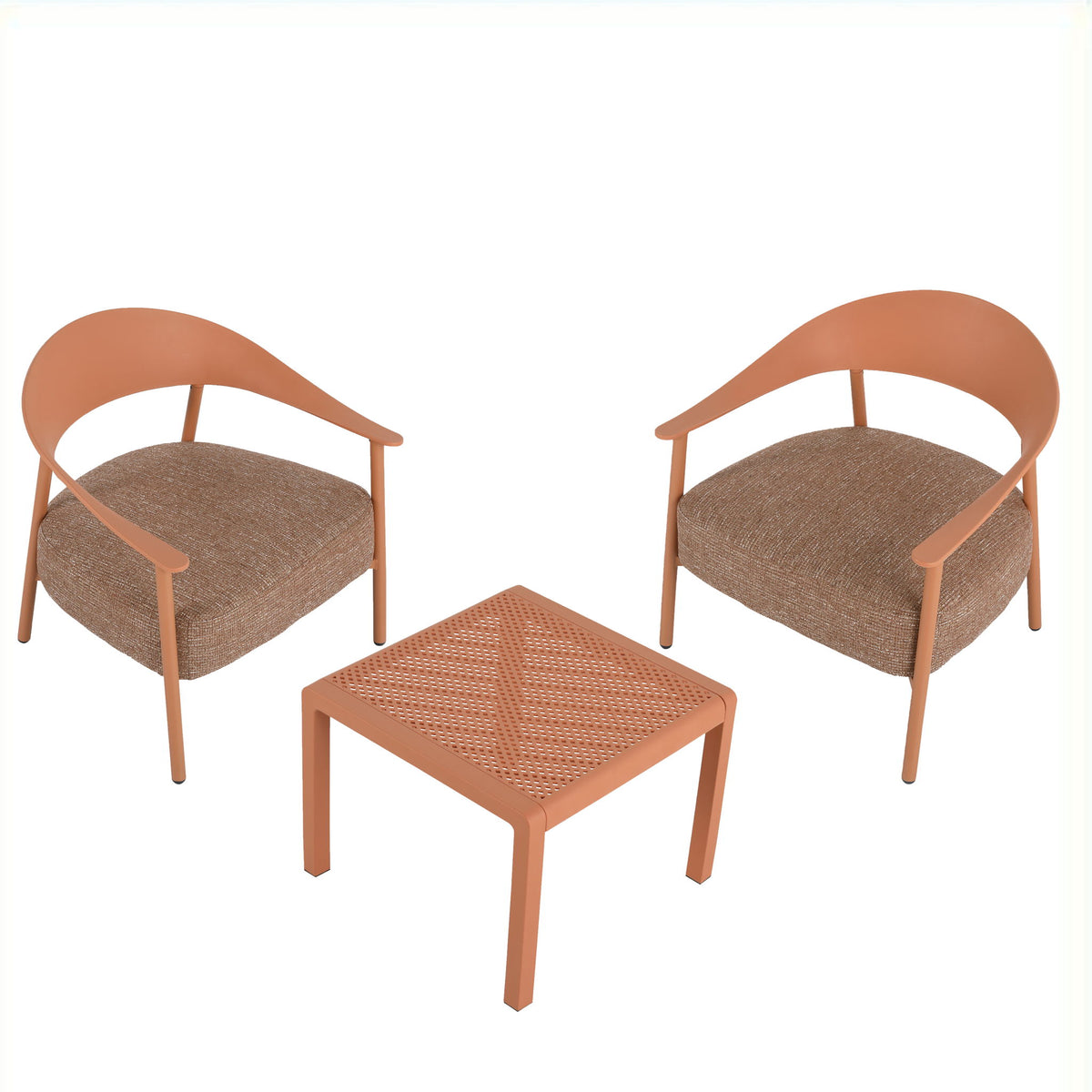 Apricot brown patio furniture set: two cushioned chairs and a square table