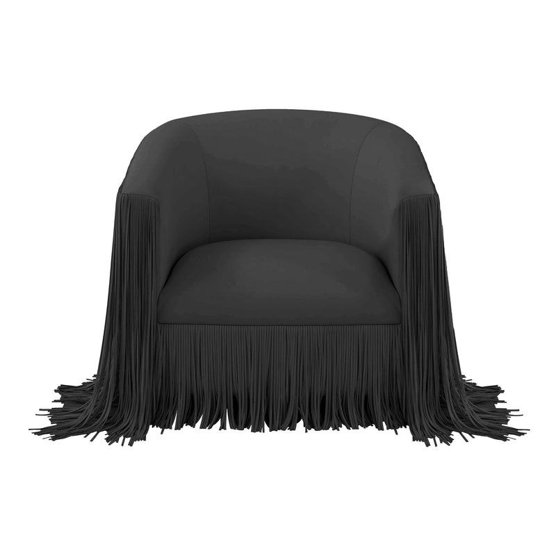 Black padded chair with long fringe trim along seat and arms